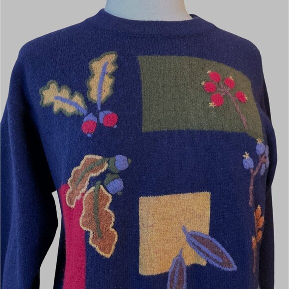 Country Rose Long Sleeve Lambswool Embroidered Fall Leaves Vintage Sweater Large - Picture 2 of 8